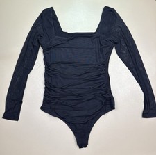 Womens Black Mesh Bodysuit Long Sleeve Ruched Square Neck Stretch M