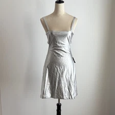 ANNA SUI Silver Iggy Faux Leather Mini Dress Tie Back Cutout Metallic Sz 4 READ