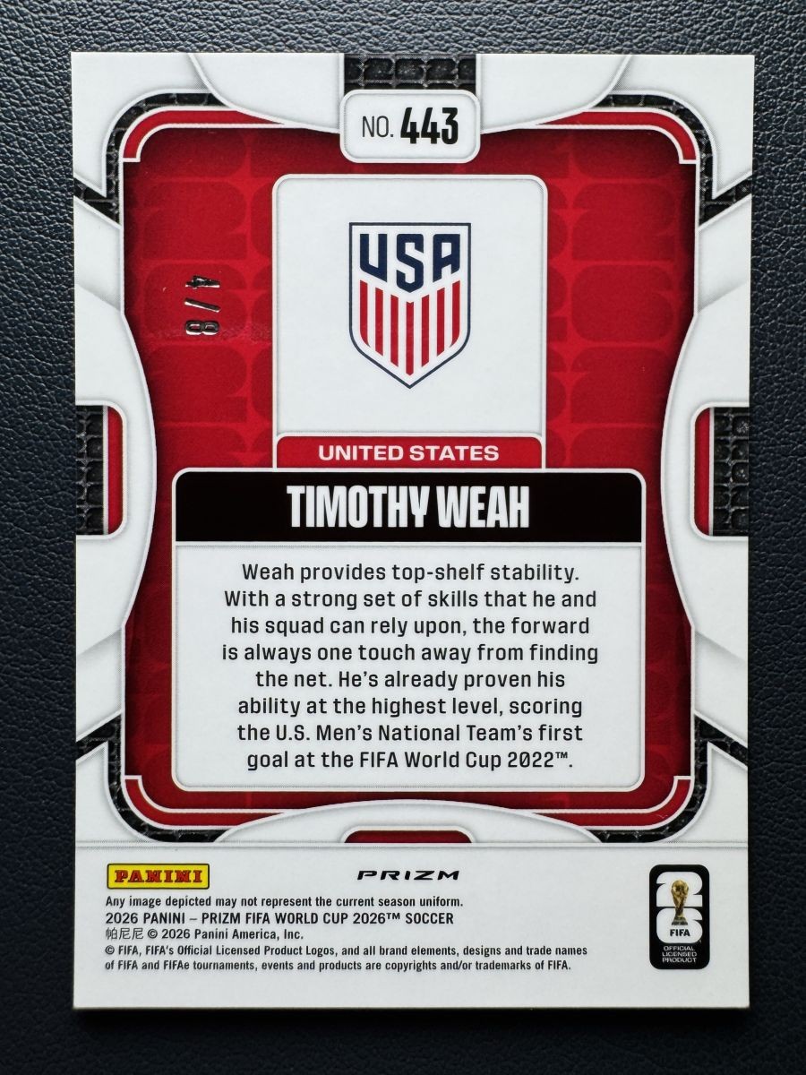 2026 Panini Prizm World Cup Timothy Weah #443 Plum Blossom 4/8 SSP USA view 2