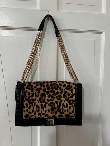 INC Ajae Crossbody Shoulder Flap Chain Metallic Leopard Gold Black NWT - Afbeelding 5 van 7