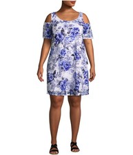 Robbie Bee Womens Cold Shoulder Floral Sheath Dress, Blue, Plus Size, 2X