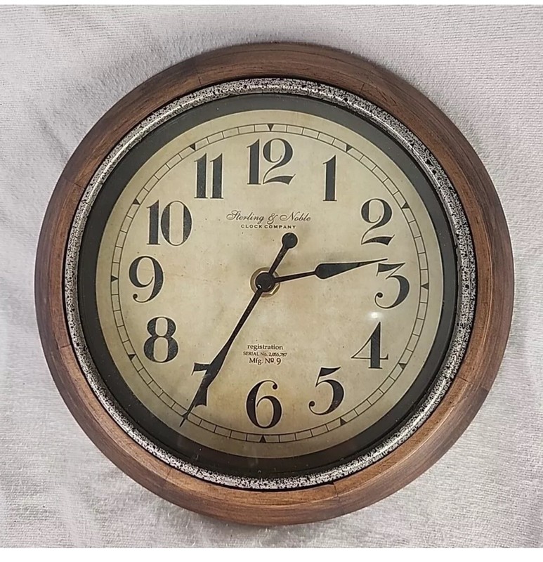 Wall Clock Sterling & Noble Mfg No. 9 Serial No 2055787 Metal And Brown Wood 9”