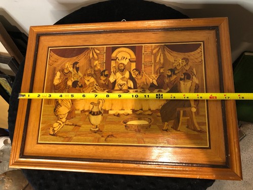 Vtg Inlaid Wood Depiction Jesus Last Supper, Framed 17-1/2" X 12-1/2" Marquetry - Picture 9 of 10