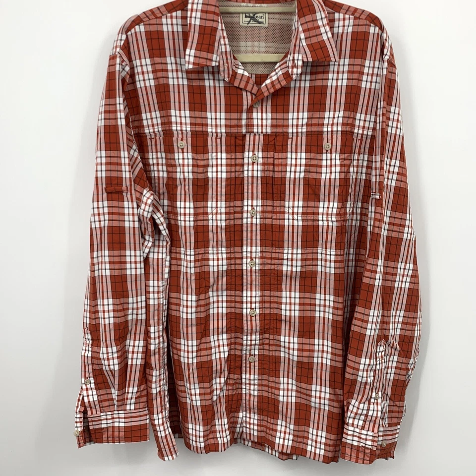 LL Bean Men XL Shirt Button Down Red White Checkered Plaid Nylon Blend Top - Image 4 of 4