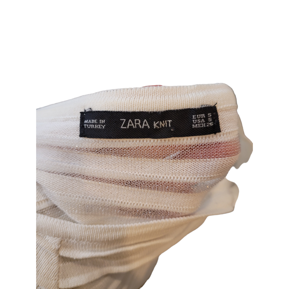 ZARA OffWhite Pleated Sheer Striped White Short Sleeve Blouse eBay