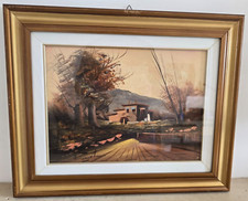 Quadro Olio su Tela Paesaggio Montano Cornice in Legno con Vetro