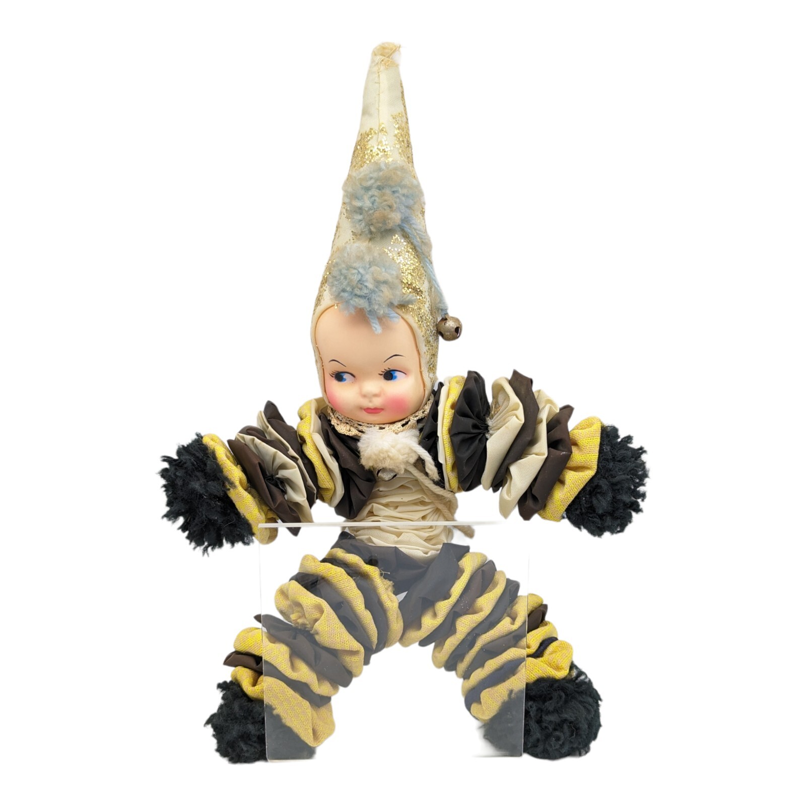 Vintage Yo-Yo Clown Rag Doll with Cute Baby Face 15 Inch Quilted Fabric Toy  