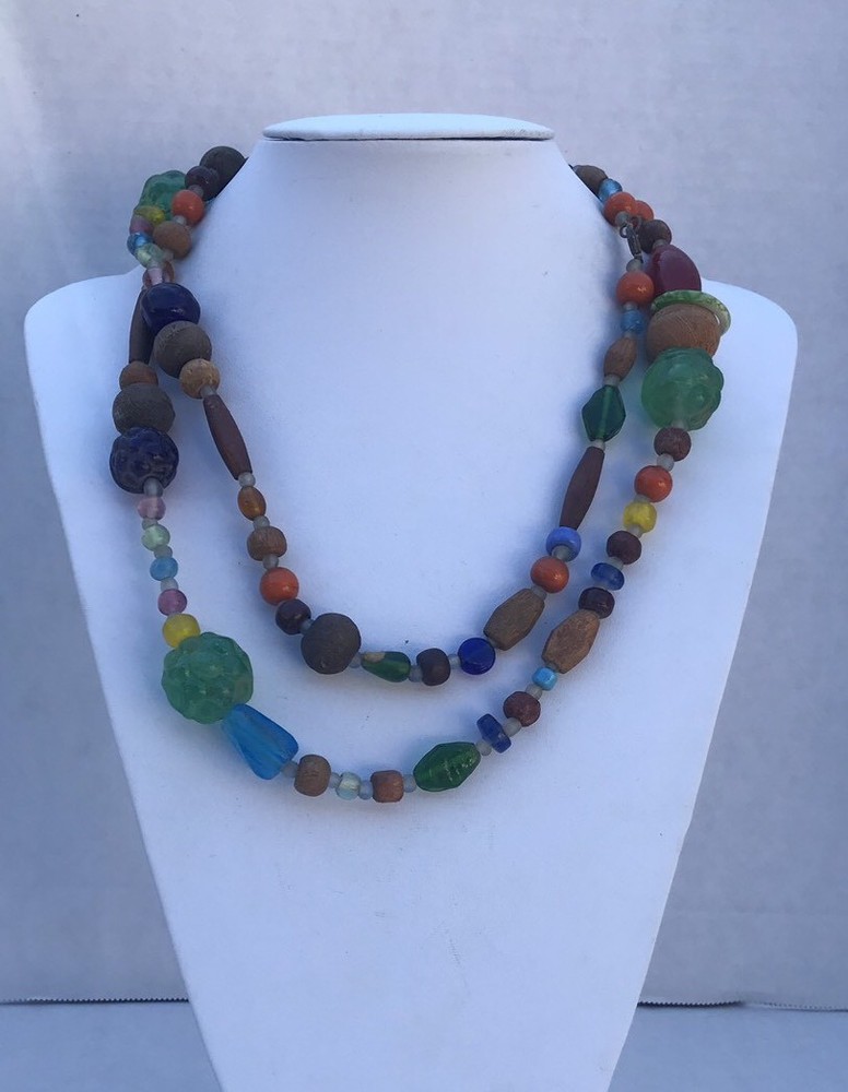 Necklace multi color multi beads wooden acrylic shapes 41" multi shape beads