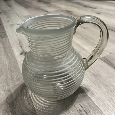 3 Qt. Pitcher Beautiful Hand Blown Glass White Stripe Ice Tea Lemonade Margarita