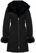 Women's Black Hooded Suede Merino Shearling Sheepskin Toscana Jacket Coat