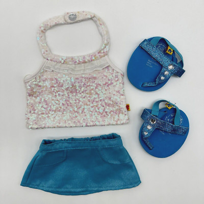 Build a Bear White Ruffle Sequin Halter Teal Glitter Skirt Shoes Teddy Clothes