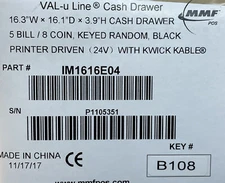 MMF Val-U-Line POS Cash Drawer 16" X 16" Black 5 bill 8 coin, w/ keys and cable.
