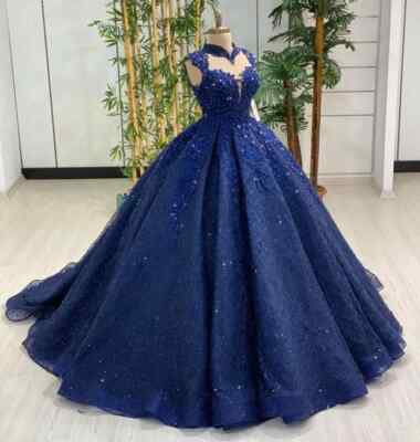 Formal Dresses Navy Blue Princess Ball Gown Lace Beading High Collar Cap Sleeves