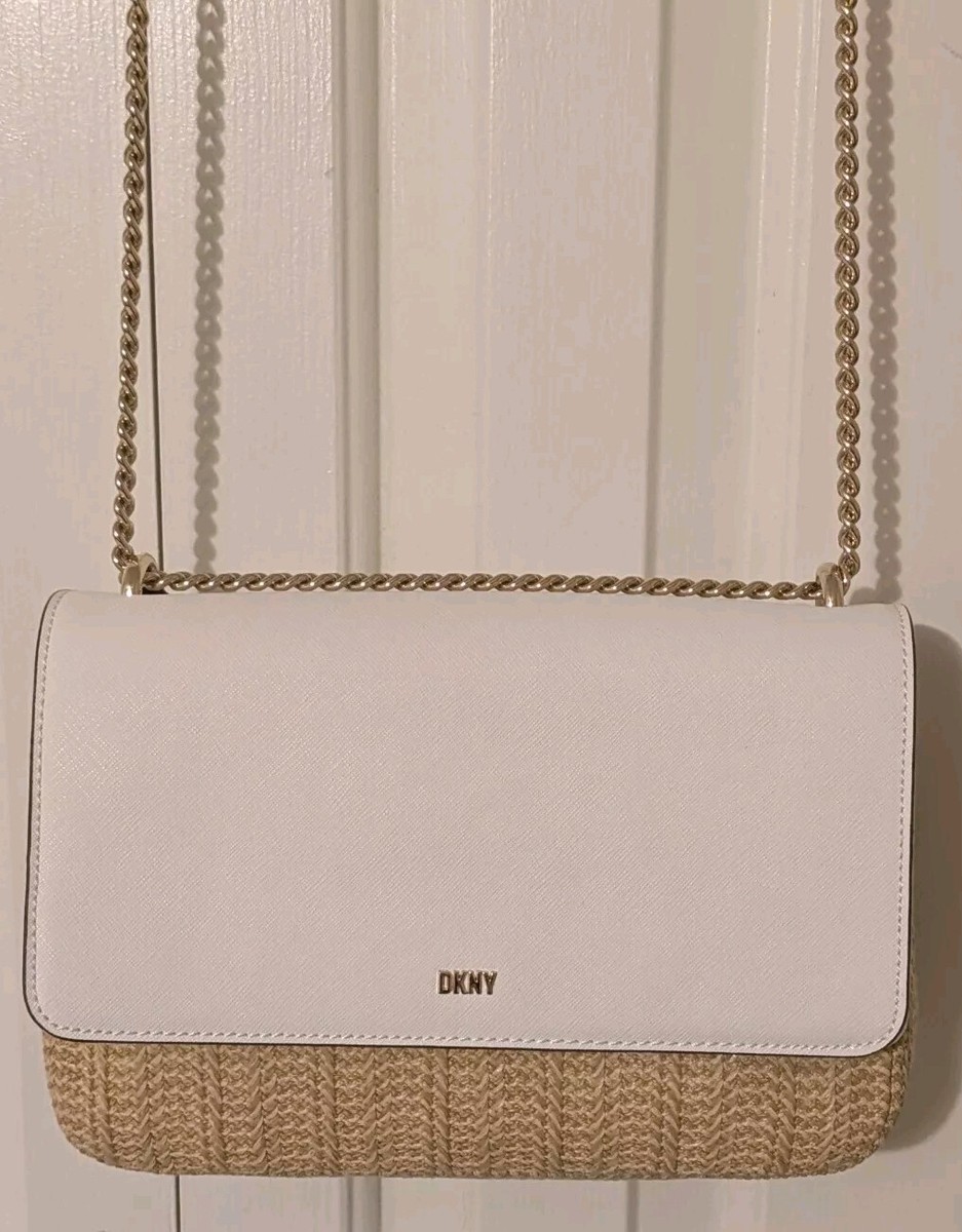NWT DKNY Sina, Straw /Leather Flap Signature Logo Shoulder