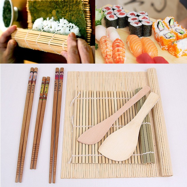 7pcs Set Rolling Mats Chopsticks Rice Spreader Spoon Bamboo Sushi