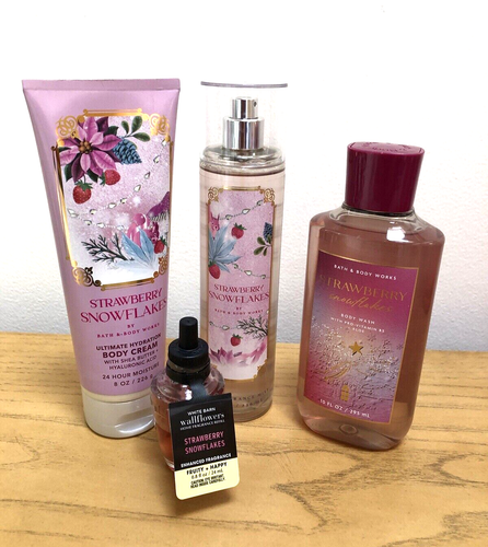 Bath & Body Works STRAWBERRY SNOWFLAKES Mist, Body Cream, Body Wash &Wallflowers