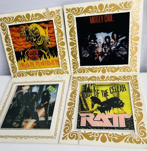 Vtg. 80’s Iron Maiden, Kiss, Motley Album Cover Carnival Glass Fair Prize Lot 4