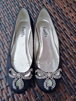 Womens Ballet Flat Shoes by Faith Diamante Bow Size UK
