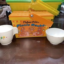 1982 Fisher Price kids picnic basket and dishes Plus A Large Basket