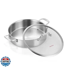 DELARLO 5.5QT Tri-Ply Stainless Steel Saute Pan With Lid, 12.3inch Braiser Pa