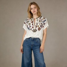 NWOT Johnny Was Biya Silk Embroidered Floral Top Shirt Blouse Size S
