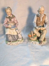 Vintage Pair of Lipper And Mann Japan Bisque Figurines Old Man & Women 6" Tall