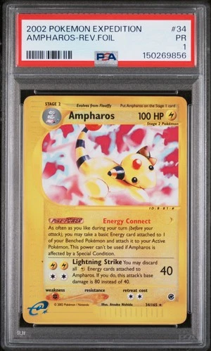2002 POKEMON EXPEDITION #34 AMPHAROS-REVERSE FOIL PSA 1