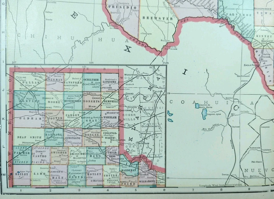 复古 1901 年得克萨斯地图 22 英寸 x 14 英寸老式原版休斯顿·加尔维斯顿·奥斯汀 TX — 第 4/4 张图片
