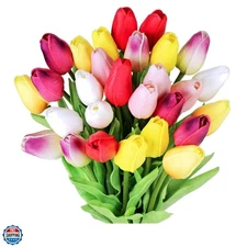 28 Pcs Multicolor Tulips Artificial Flowers Faux Tulip Stems Real Feel PU Tul...