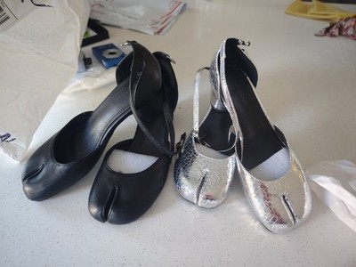 Size 7  two Paris Maison Margiela Black Silver Ankle Strap Split Toe Block Heel