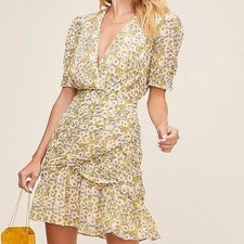 ASTR The Label Mustard Blue Floral Print Ruched Mini Dress XS Cottagecore