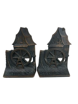 Antique Cast Iron Verona Stone Mill Grist Water Wheel House Bookends 6.75  x 5 