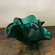 Glass Emerald Green Free Form Abstract Bowl Vase Vintage Murano