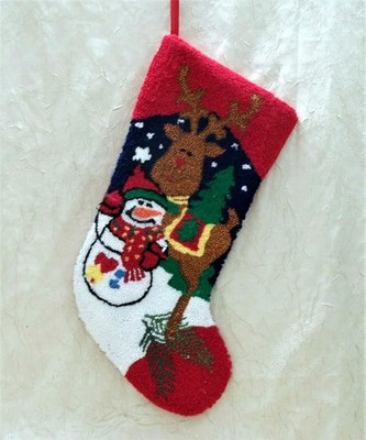 Carpet Texture Snowman & Reindeer Christmas Stocking Velvet Back Holiday