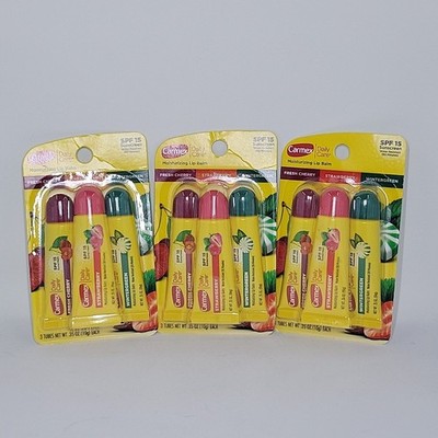 (3) 3pk carmex lip balm Tubes Spf 15 Fresh Cherry, Strawberry,wintergreen