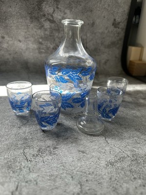 Clear & Blue Floral Glass Decanter Set 5L w/ Stopper & 4 Glasses