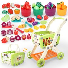 Kids Shopping Cart with Cutting Play Food Set for Kid Kitchen, 2 in 1 Shopping C