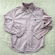 Polo Ralph Lauren Boys 7 Pink Striped Button Down Shirt Cotton Oxford Logo