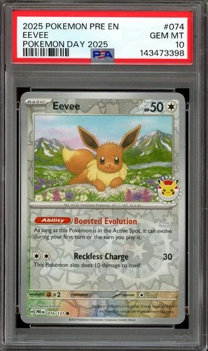 Pokemon TCG SV Prismatic Evolutions #074 Eevee Pokemon Day Cosmos PSA 10