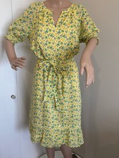 Women's Talbots Floral lined Print Dress Size L petite Yellow Blue tie belt