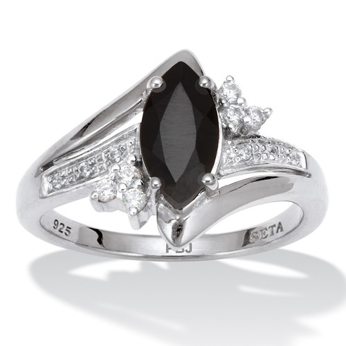 .12 TCW Marquise Cut Onyx and Round CZ Platinum-Plated Sterling Silver Ring - Picture 1 of 4