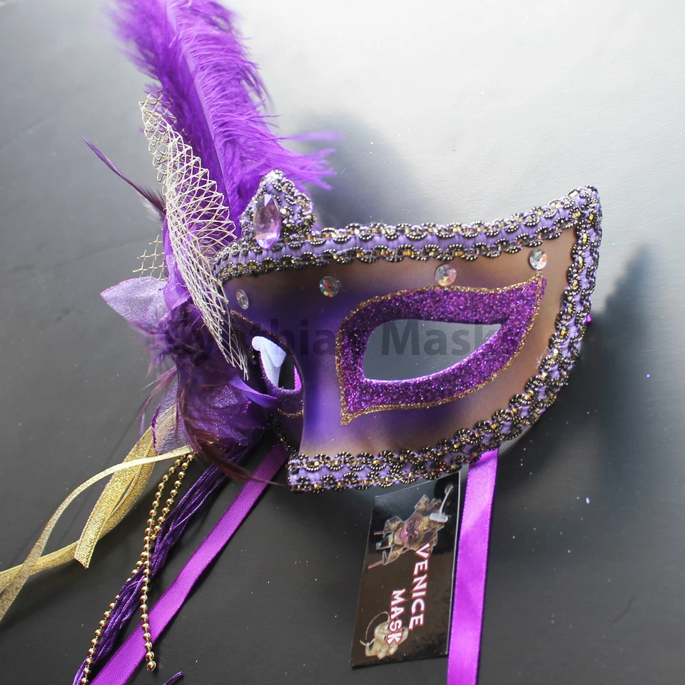 Regal Purple Venetian Masquerade Mask w/Ostrich Feathers Party Prom Mardi Gras - Image 2 of 3