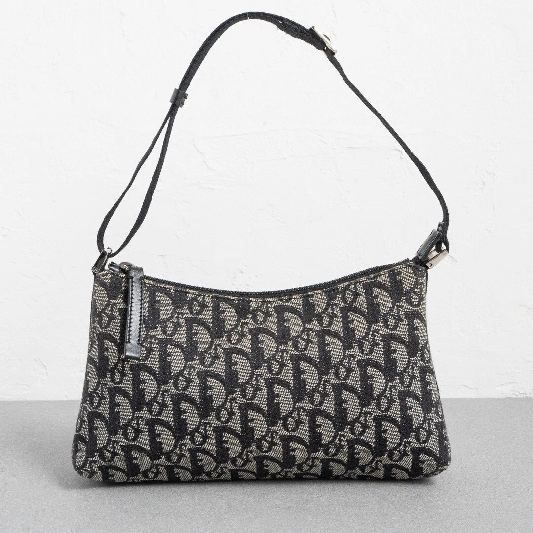 Sac bandoulière CHRISTIAN DIOR trotteur toile noire cuir argent sac à main vintage