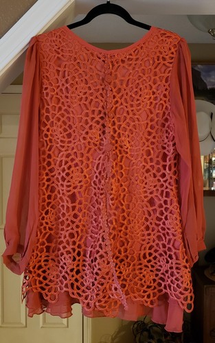 NEW PRETTY ANGEL ORANGE SILK CHIFFON LACE OVERLAY LONG SLEEVE BOHO BLOUSE LARGE - Picture 3 of 12