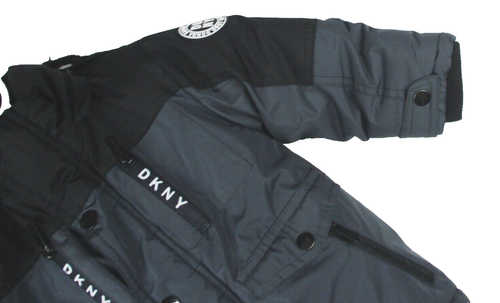 DKNY Cappotto Invernale Cappuccio Isolato Ecopelliccia Logo Doppia Chiusura Grigio Nero Taglia 2T - Foto 5 di 18