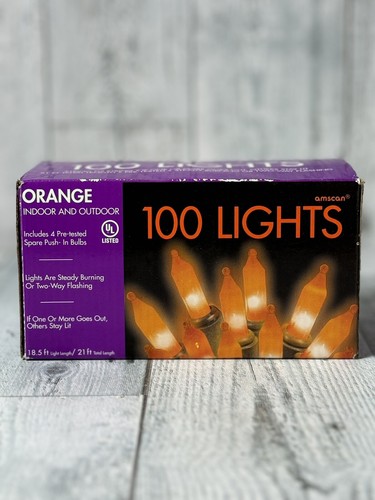 Halloween String Light Set 100 Orange Lights Black Wire Vintage NIB - Picture 1 of 3