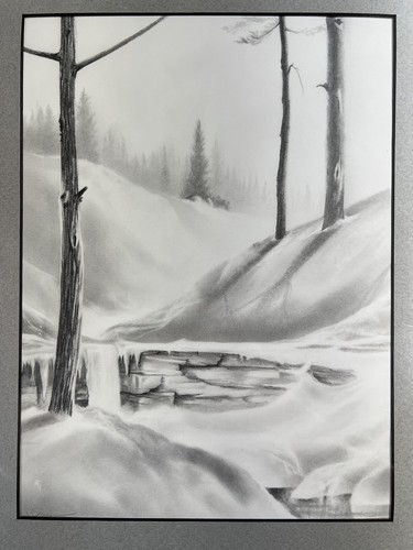 Trees Over Frozen Spring In Winter Pencil Drawing Signed Robert Ficarra - Picture 1 of 6