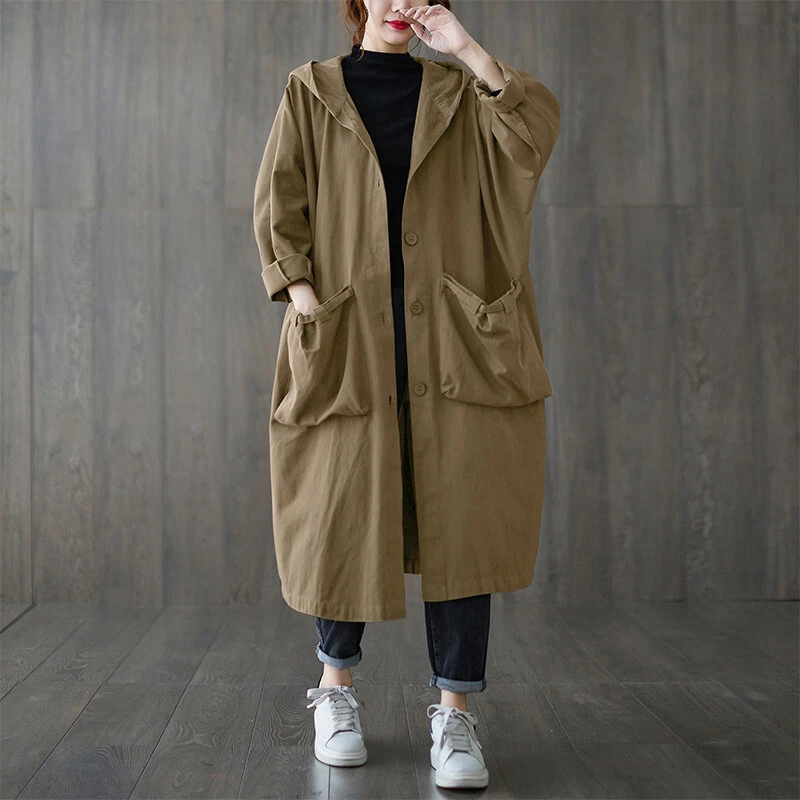 Womens Hoodie Trench Outwear Coat Oversize Loose Big Pockets Single  Breasted Top