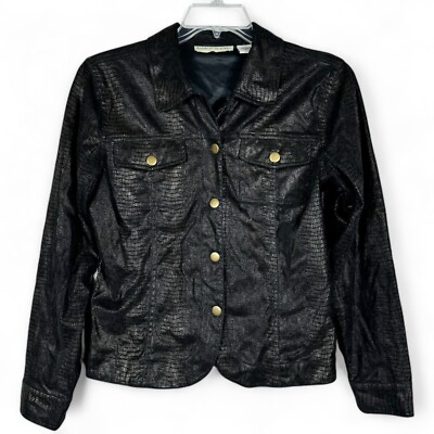 Bamboo Traders Jacket Womens S Small Black Metallic Animal Pattern Snap Closure