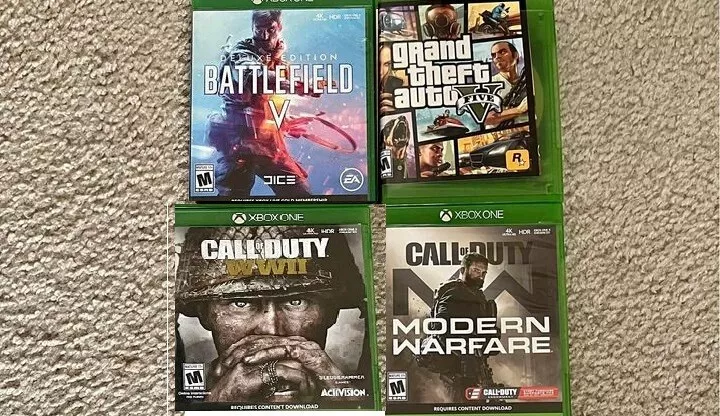 (4) Xbox One Games-GTA V, Battlefield V, Modern Warfare 2019, Call of duty  WWII